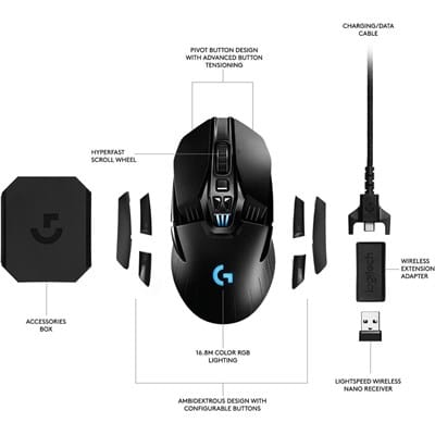 Logitech G903 LIGHTSPEED Wireless Gaming Mouse HERO 25K Sensor, 100-25600 DPI, 1000Hz, Ambidextrous, RGB, Black, 910-005674